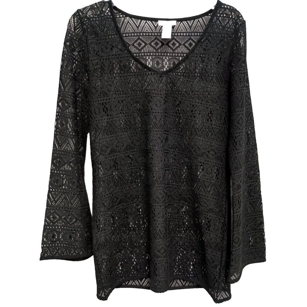 VTG Y2K Cache Tunic Top Womens Medium Black Lace Sheer Flare Sleeve Dark Fairy‎